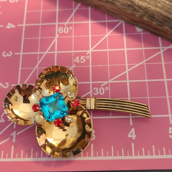 Demi-parure 1940s Gold Vermeil Over Sterling Rhinestone Brooch & Earring Set - Picture 5 of 12